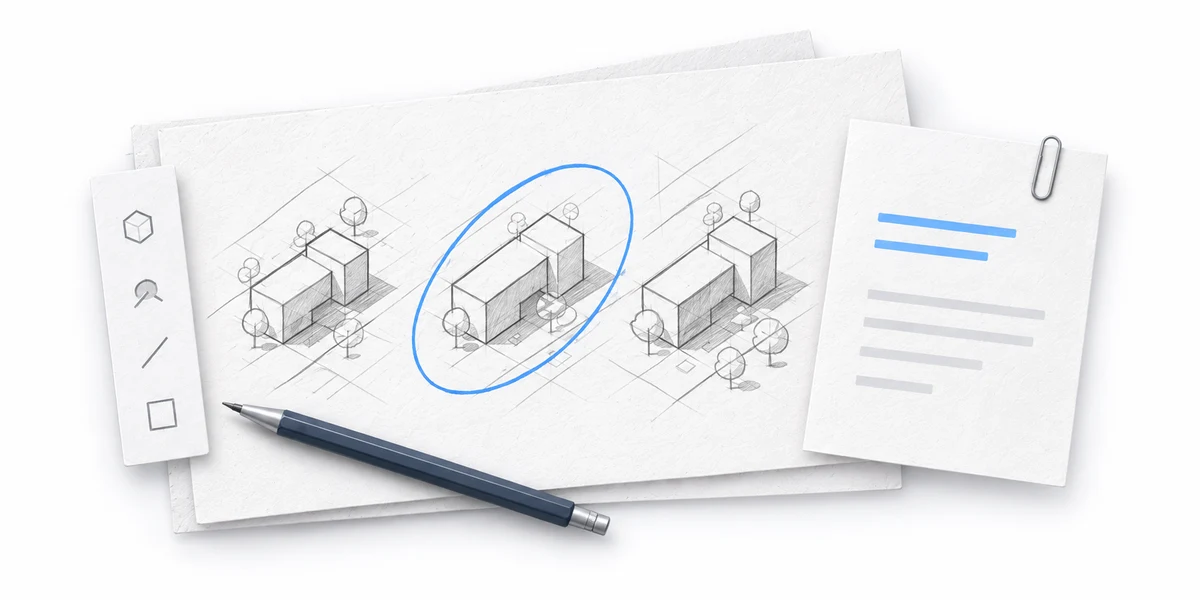 Layered sketches, a tool strip and brief notes illustrate a personal way of working