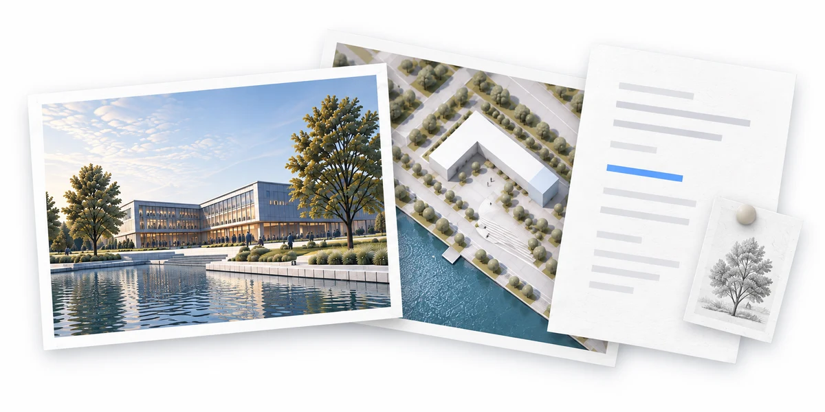 Layered project documents, site photographs and a plan illustrate existing project context